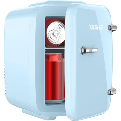 YASHE - 4L Mini Fridge, 6 Can Skincare & Drink Cooler/Warmer, 110V/12V, Portable, for Office, Dorm, Bedroom, Car - Blue — FIN-0016057 | Fridge.com