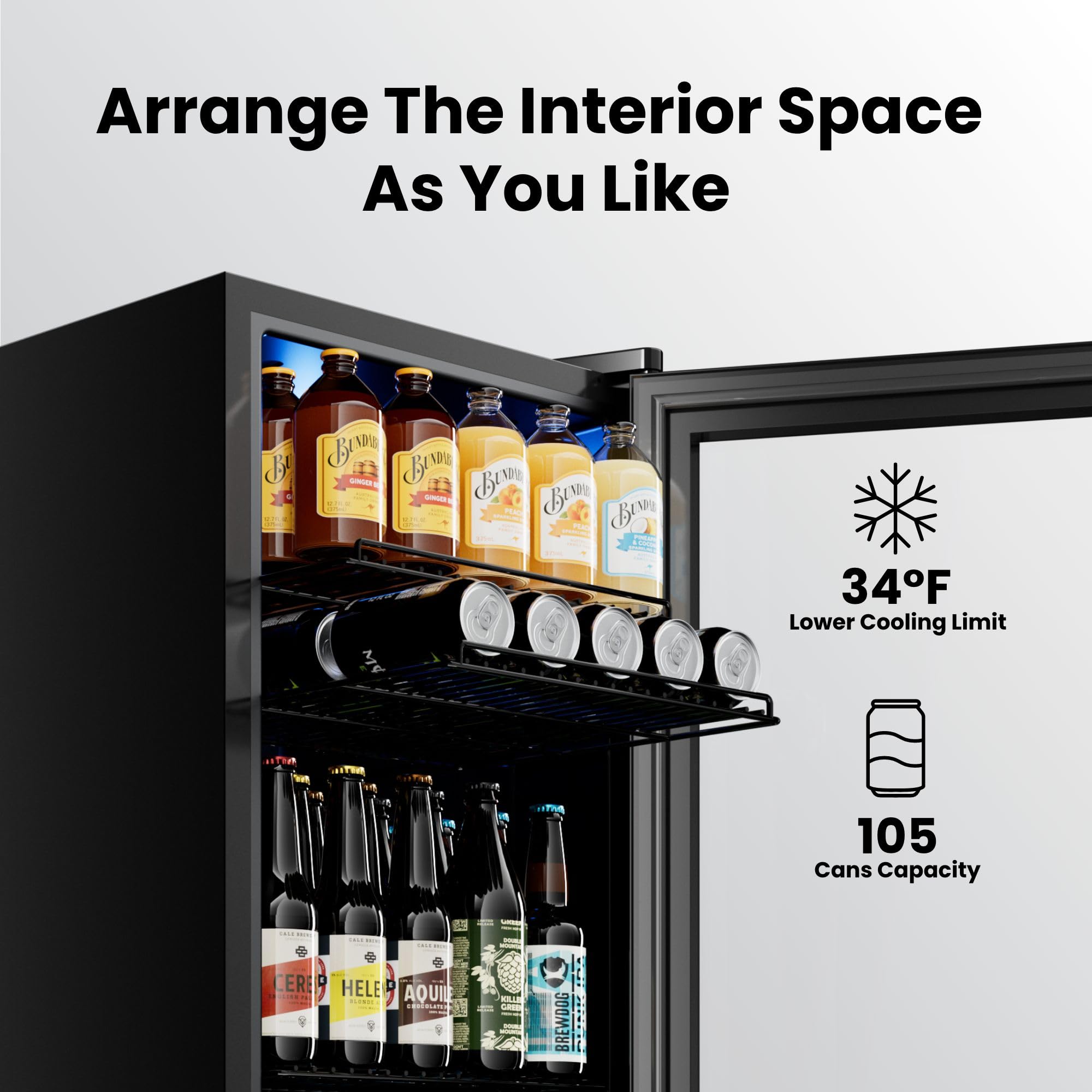 105-Can Beverage Refrigerator, 3.1cu.Ft Mini Fridge With Glass Door Freestanding Beverage Fridge With Adjustable Shelves For Soda Beer Or Wine, Bevera - View 5 | Fridge.com