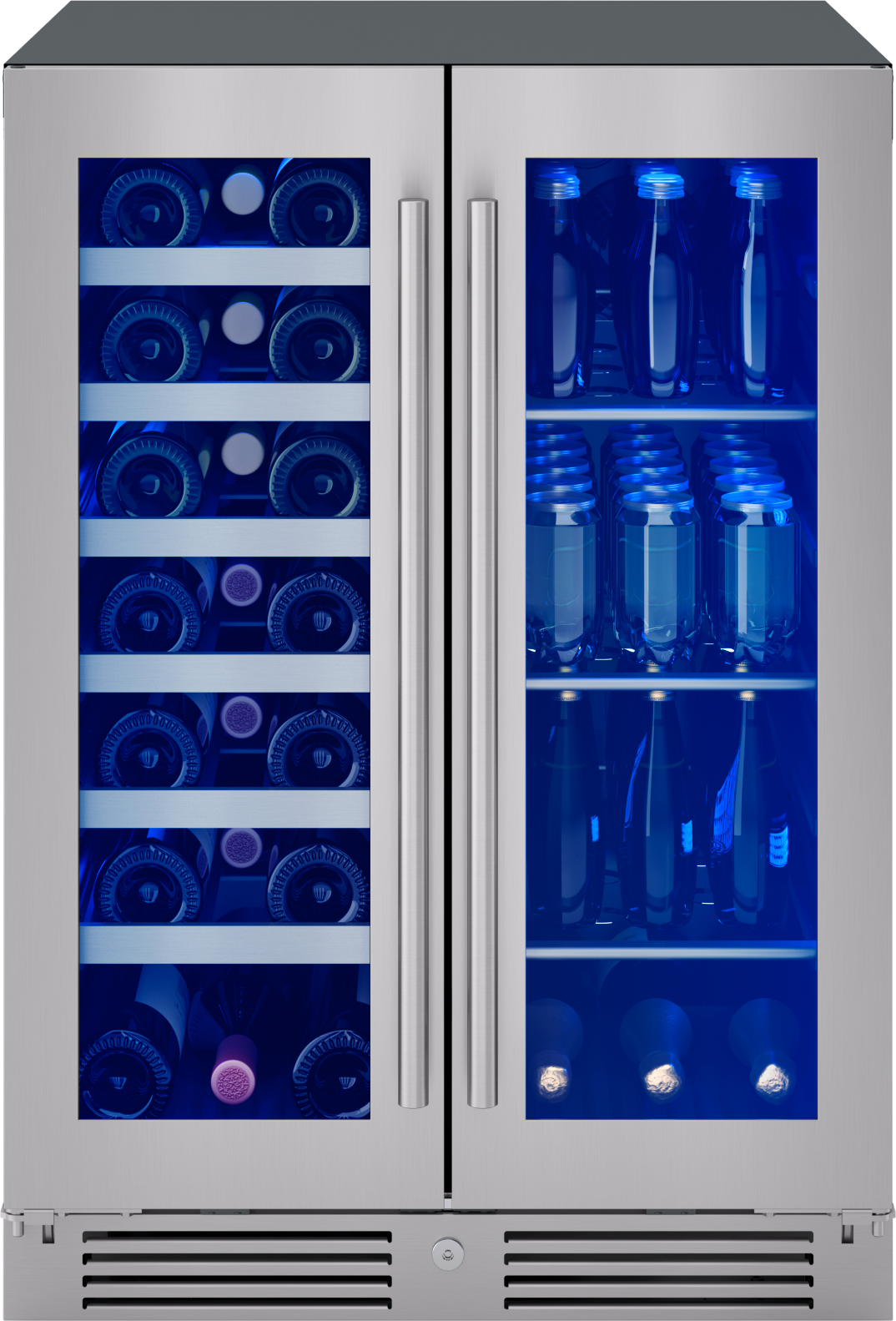 Zephyr Presrv 24 Inch Wine Fridge & Beverage Refrigerator Dual Zone Under Counter - Wine Cooler Cellars Small Beer Fridge Cabinet Drink Chiller Freestanding with French Glass Door 21 Bottles, 64 Cans | Fridge.com