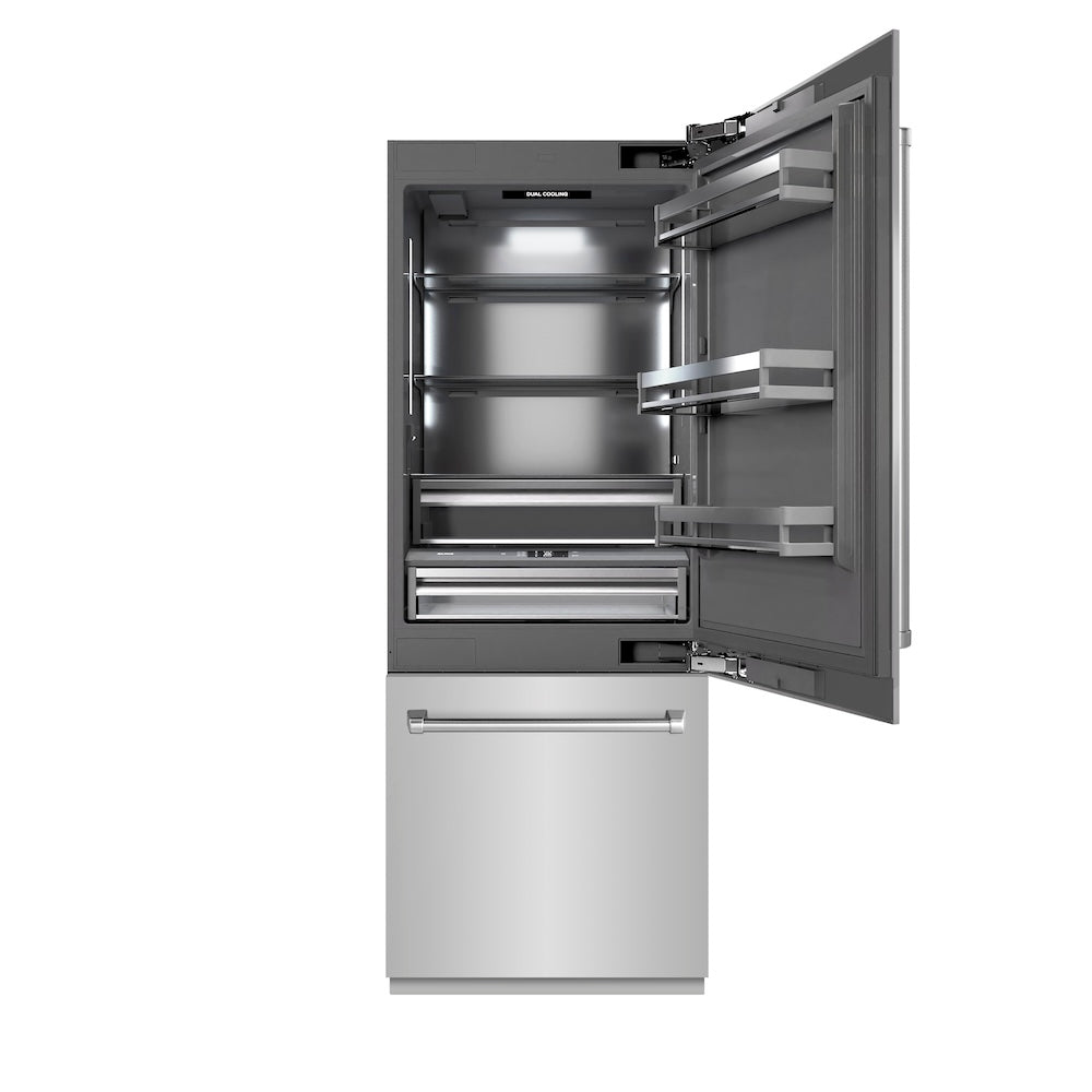 ZLINE 30 in. 16.1 cu. ft. Built-In Bottom Freezer Refrigerator With Water Dispenser And Ice Maker With Graphite Gray Interior - View 4 | Fridge.com