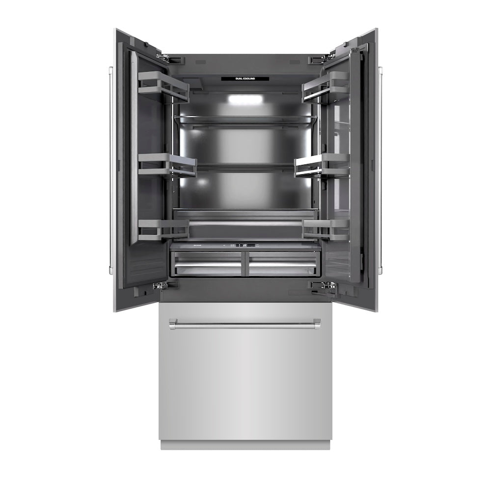 ZLINE 36 in. 19.6 cu. ft. French Door Built-In Bottom Freezer Refrigerator With Water Dispenser And Ice Maker In With Graphite Gray Interior - View 4 | Fridge.com