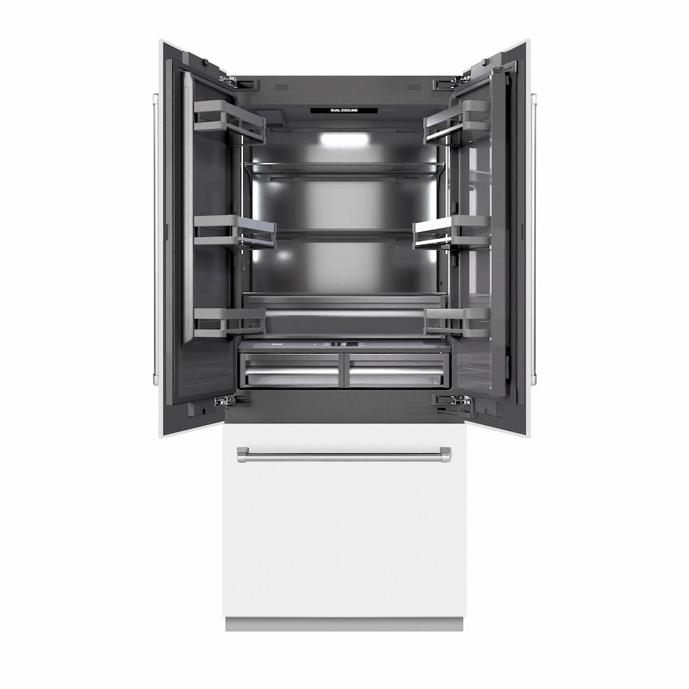 ZLINE 36 in. 19.6 cu. ft. French Door Built-In Bottom Freezer Refrigerator With Water Dispenser And Ice Maker In With Graphite Gray Interior - View 4 | Fridge.com