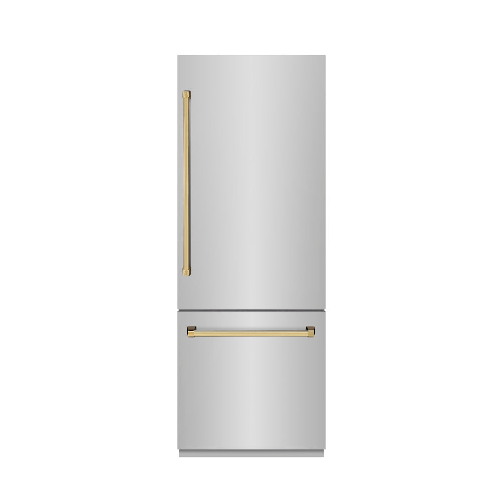 ZLINE Autograph Edition 30 in. 16.1 cu. ft. Built-In Bottom Freezer Refrigerator with Water Dispenser and Ice Maker in Black Stainless Steel with Grap | Fridge.com