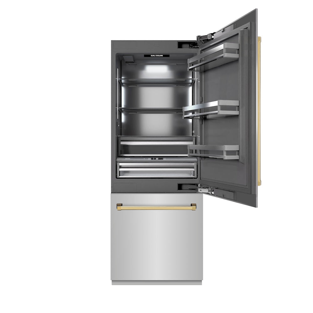 ZLINE Autograph Edition 30 in. 16.1 cu. ft. Built-In Bottom Freezer Refrigerator with Water Dispenser and Ice Maker in Black Stainless Steel with Grap | Fridge.com