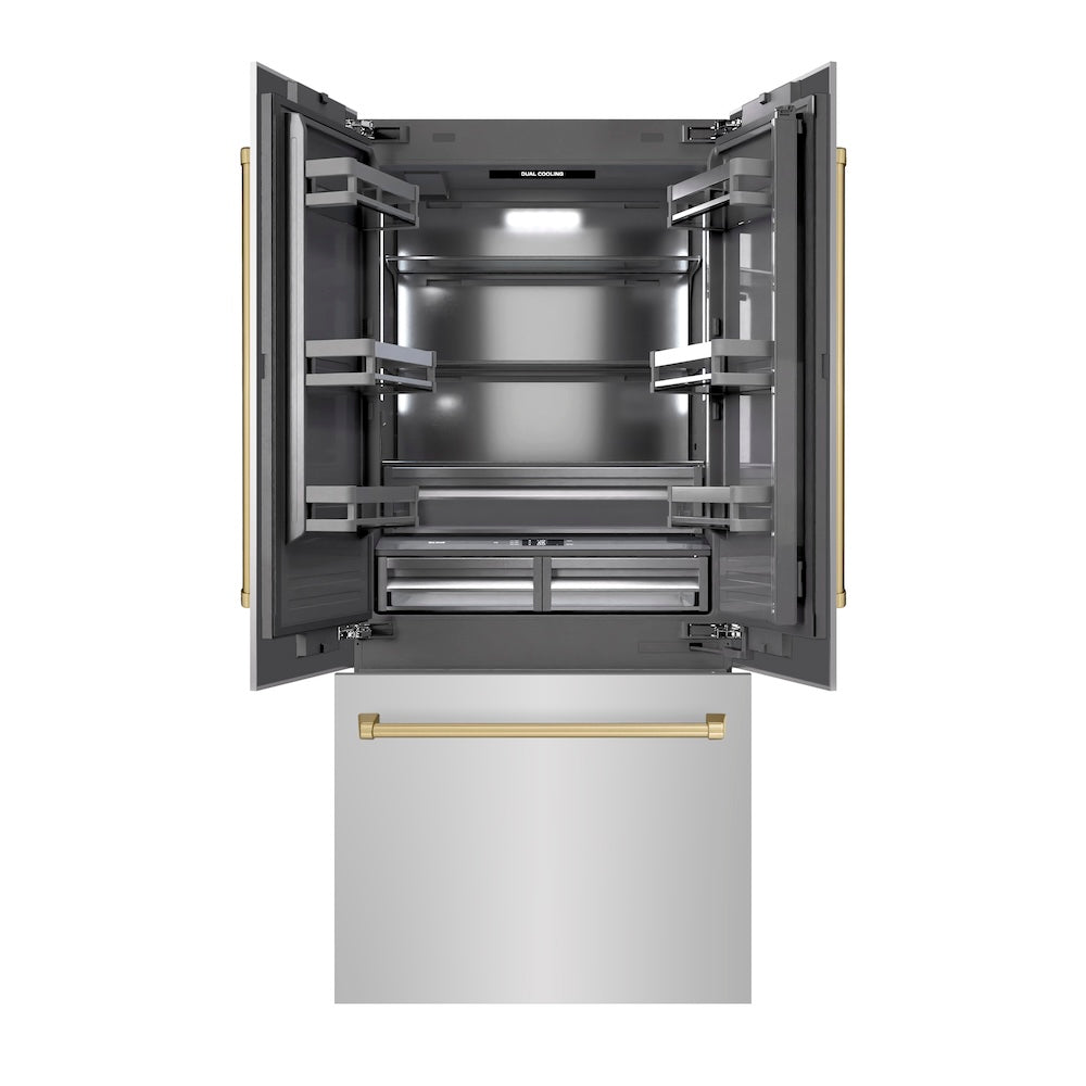 ZLINE Autograph Edition 36 in. 19.6 cu. ft. French Door Built-In Bottom Freezer Refrigerator With Water Dispenser And Ice Maker In Stainless Steel Wit - View 2 | Fridge.com