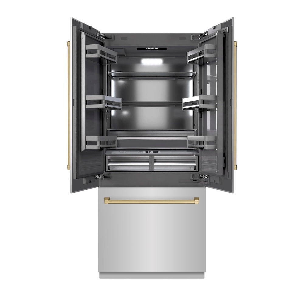 ZLINE Autograph Edition 36 in. 19.6 cu. ft. French Door Built-In Bottom Freezer Refrigerator With Water Dispenser And Ice Maker In Stainless Steel Wit - View 4 | Fridge.com