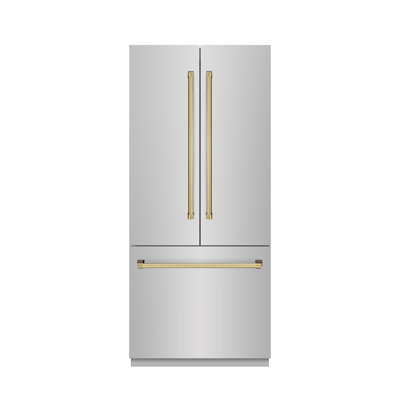ZLINE Autograph Edition 36 in. 19.6 cu. ft. French Door Built-In Bottom Freezer Refrigerator with Water Dispenser and Ice Maker in Stainless Steel wit | Fridge.com