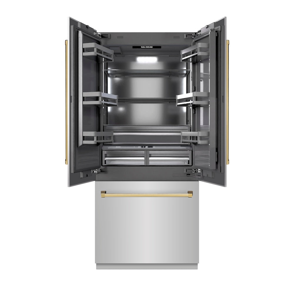 ZLINE Autograph Edition 36 in. 19.6 cu. ft. French Door Built-In Bottom Freezer Refrigerator With Water Dispenser And Ice Maker In Stainless Steel Wit - View 2 | Fridge.com