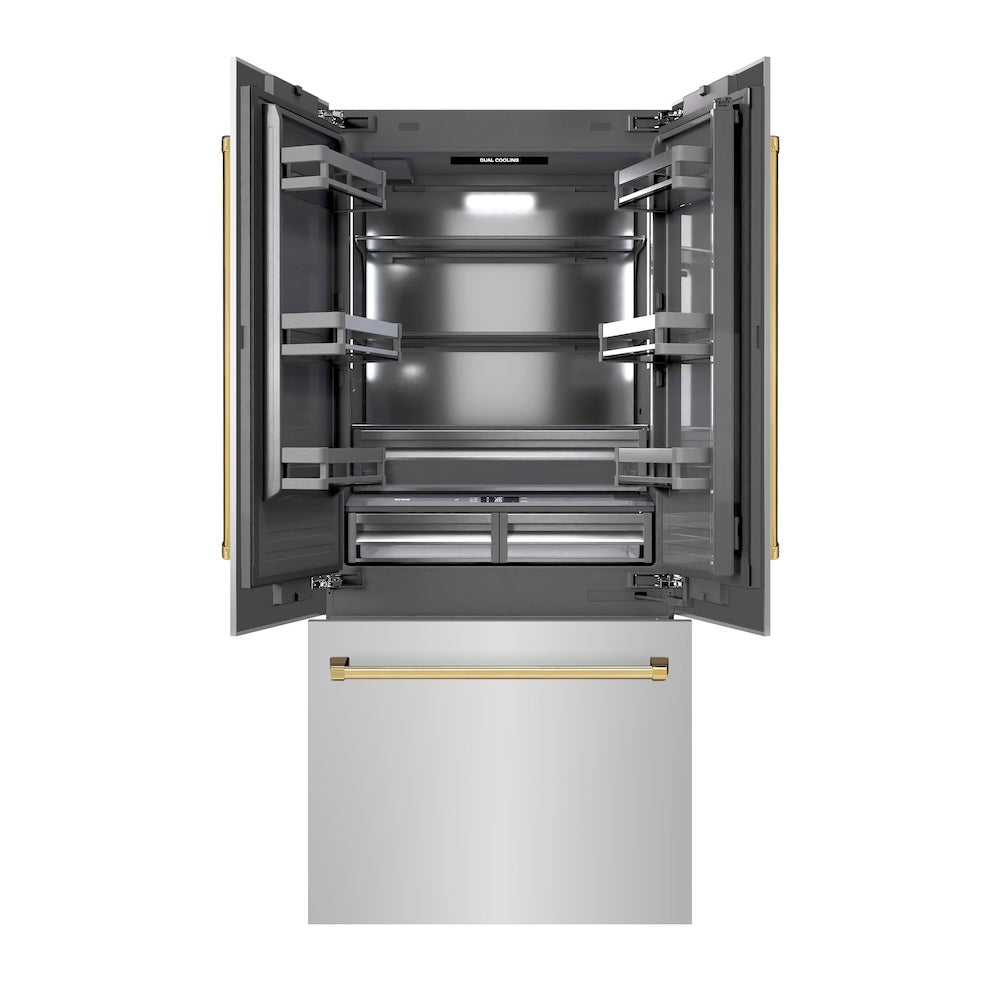ZLINE Autograph Edition 36 in. 19.6 cu. ft. French Door Built-In Bottom Freezer Refrigerator With Water Dispenser And Ice Maker In Stainless Steel Wit - View 4 | Fridge.com