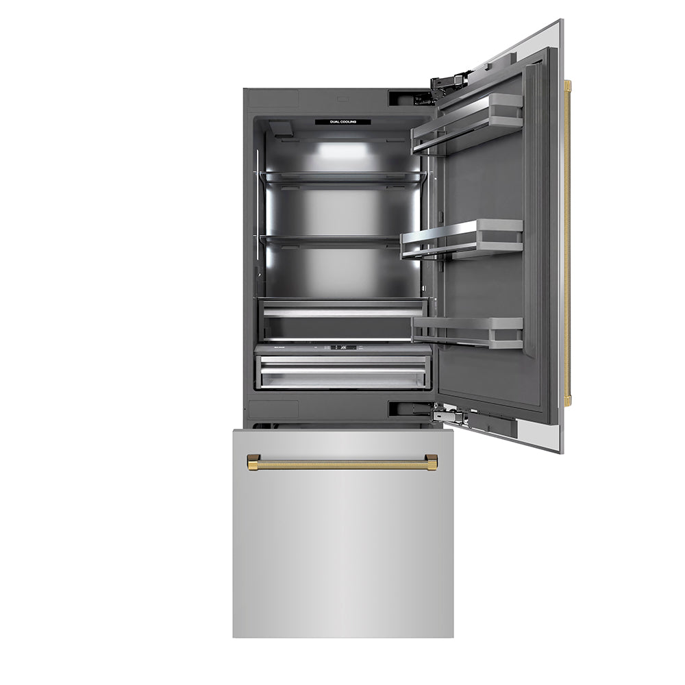 ZLINE Autograph 30 in. Built-In Refrigerator W/ Gray Interior And Polished Gold Helix Handles - View 2 | Fridge.com