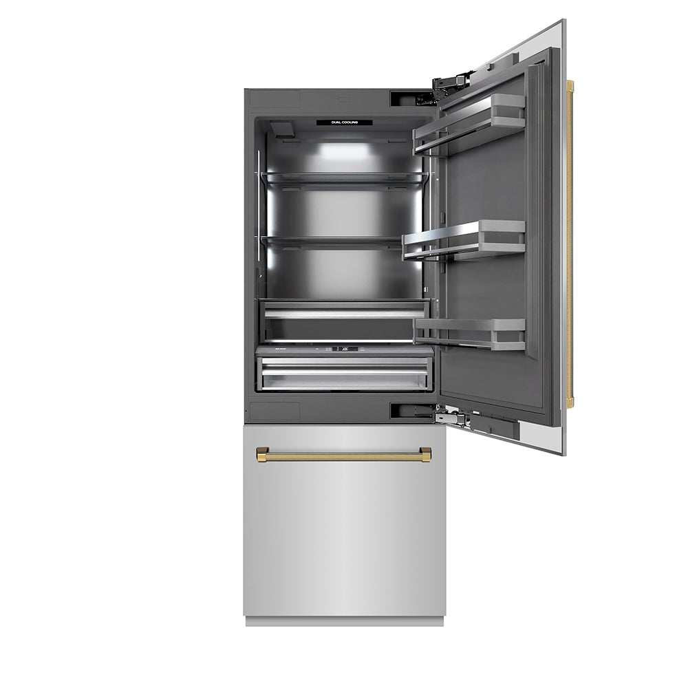 ZLINE Autograph 30 in. Built-In Refrigerator W/ Gray Interior And Polished Gold Helix Handles - View 5 | Fridge.com