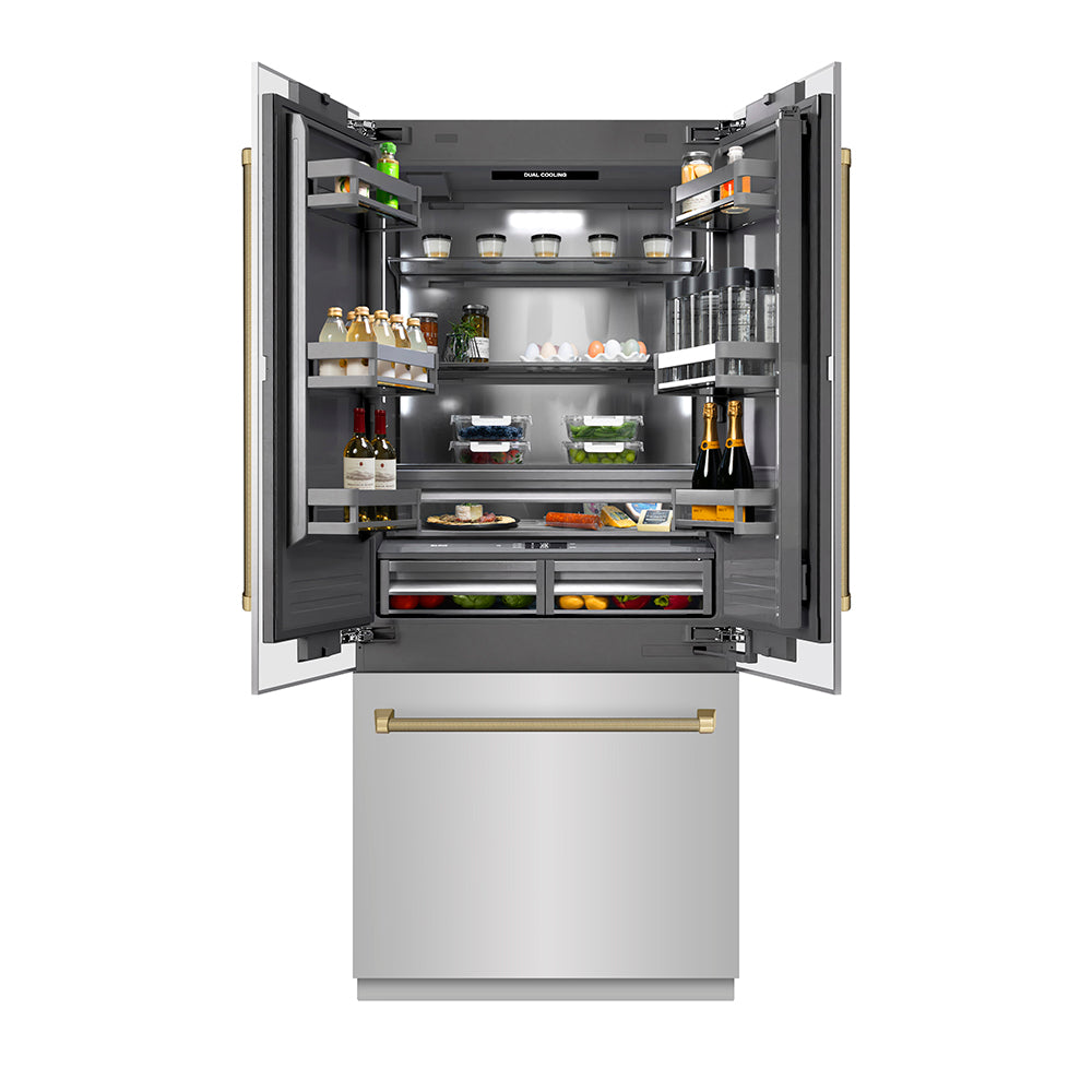 ZLINE Autograph 36 in. French Door Built-In Refrigerator W/ Gray Interior And Bronze Helix Handles - View 6 | Fridge.com