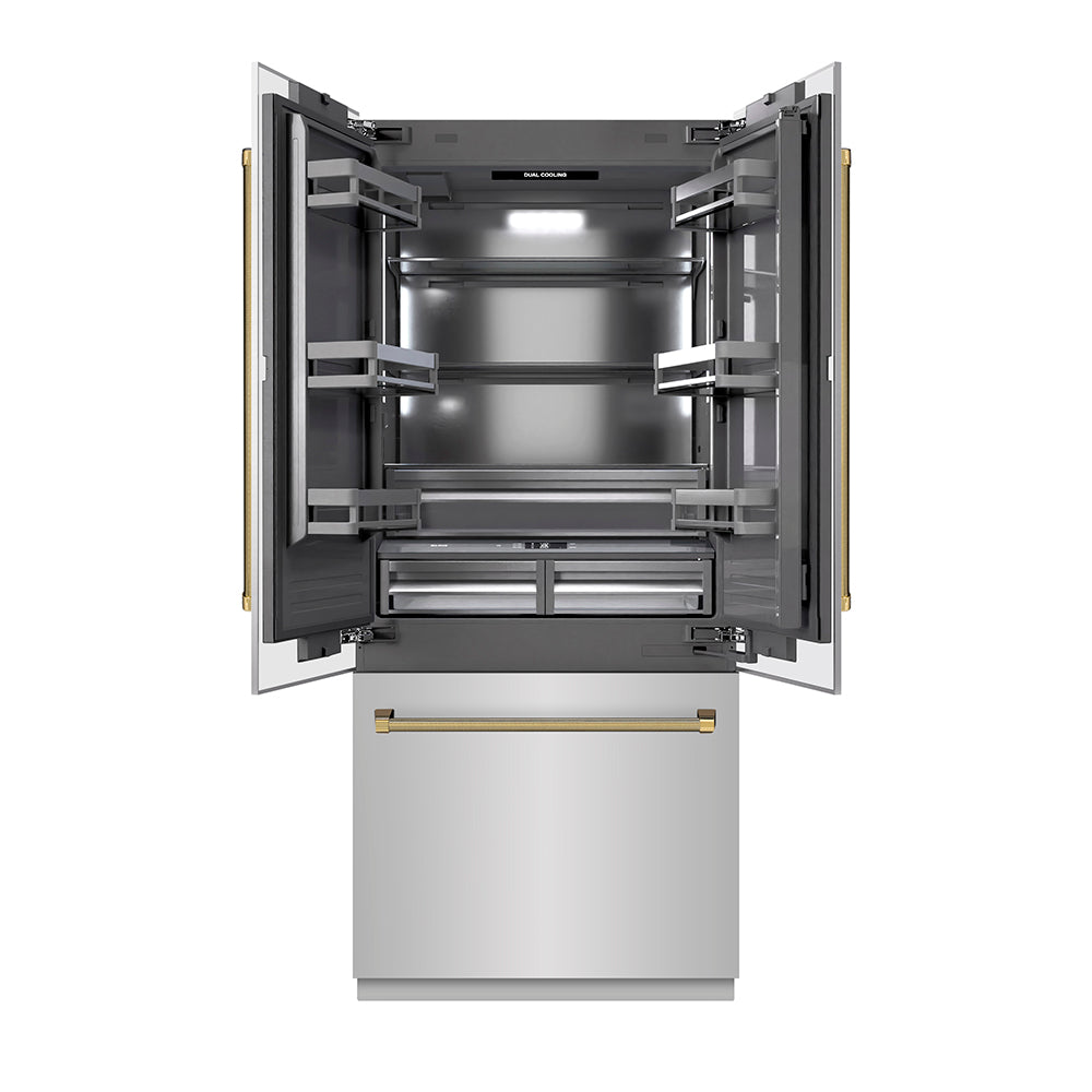 ZLINE Autograph 36 in. French Door Built-In Refrigerator W/ Gray Interior And Gold Helix Handles - View 2 | Fridge.com