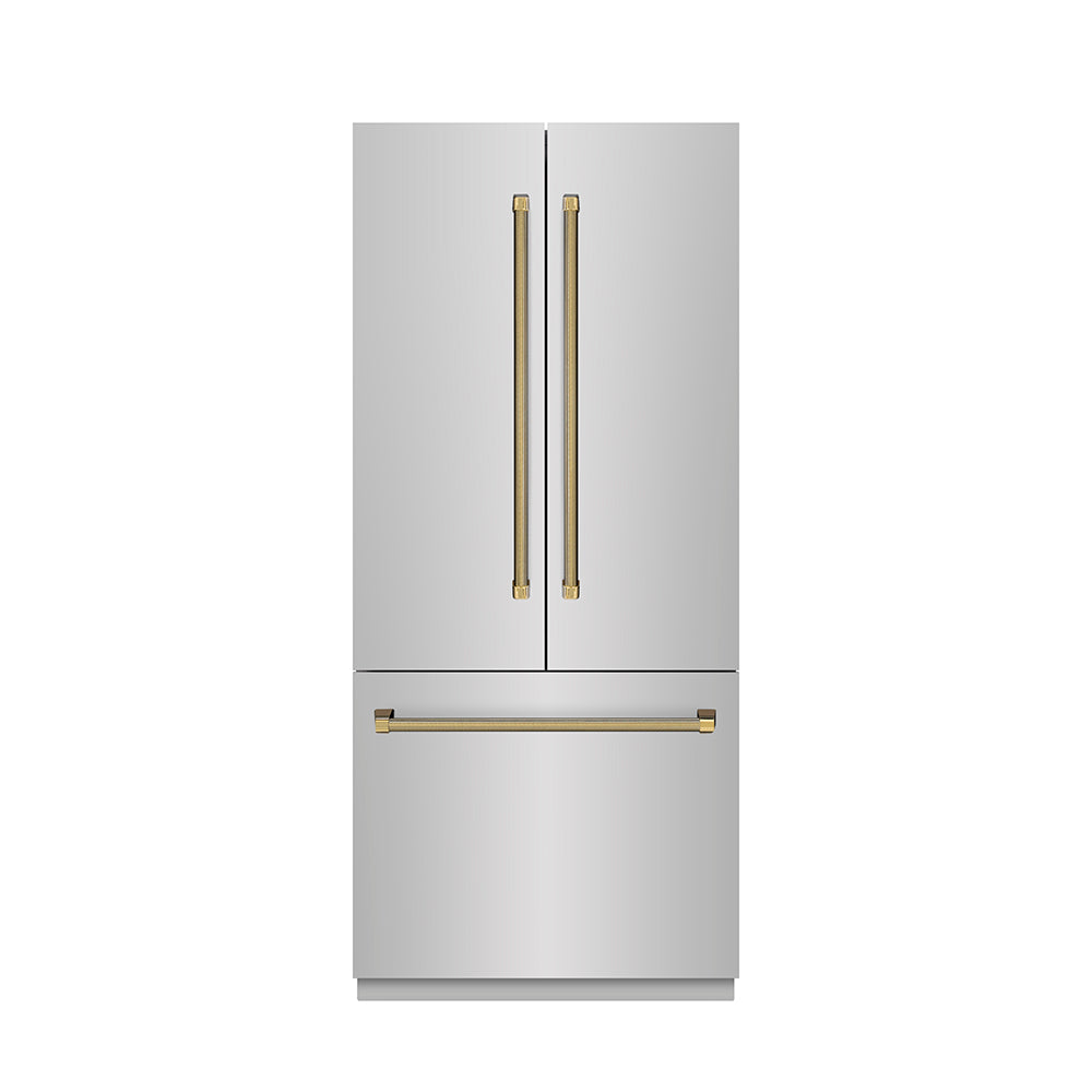 ZLINE Autograph 36 in. French Door Built-In Refrigerator W/ Gray Interior And Gold Helix Handles - View 4 | Fridge.com