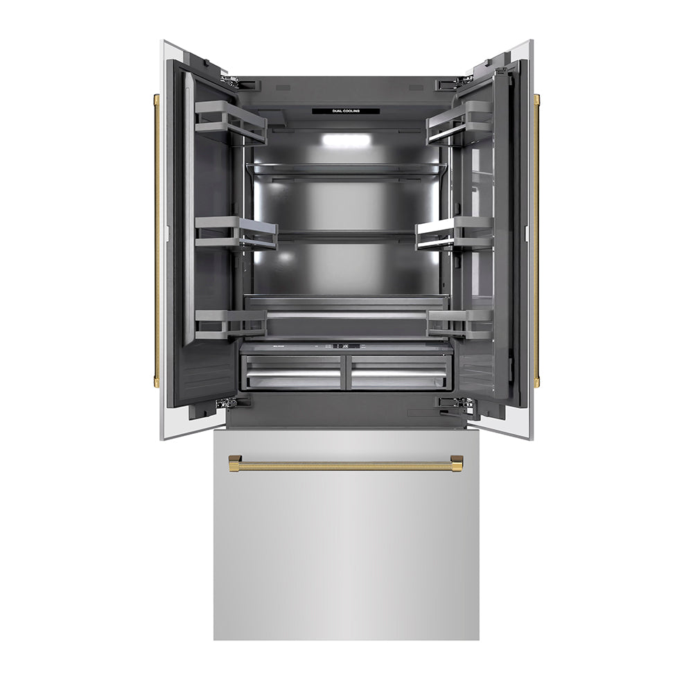 ZLINE Autograph 36 in. French Door Built-In Refrigerator W/ Gray Interior And Gold Helix Handles - View 5 | Fridge.com