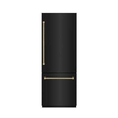 ZLINE Autograph 30 in. Black Steel Built-In Refrigerator w/ Gray Interior and Gold Helix Handles | Fridge.com