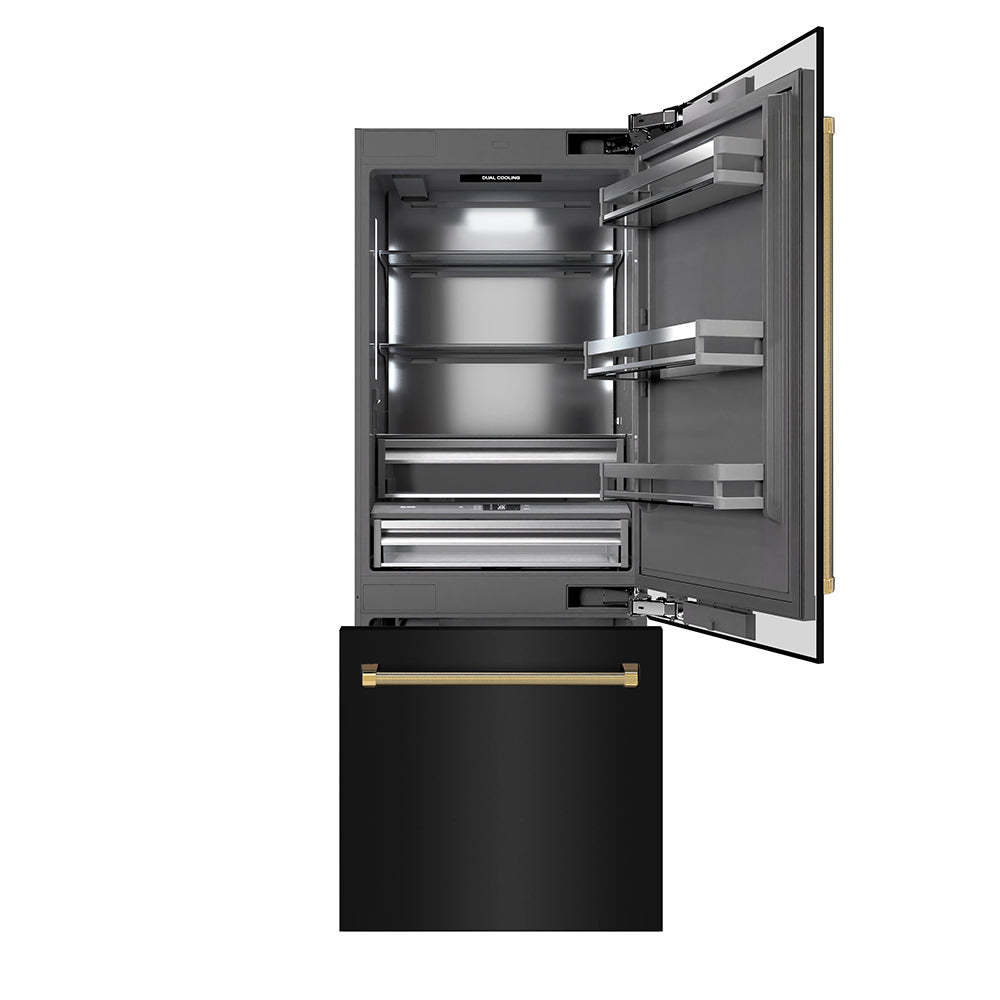 ZLINE Autograph 30 in. Black Steel Built-In Refrigerator W/ Gray Interior And Gold Helix Handles - View 2 | Fridge.com