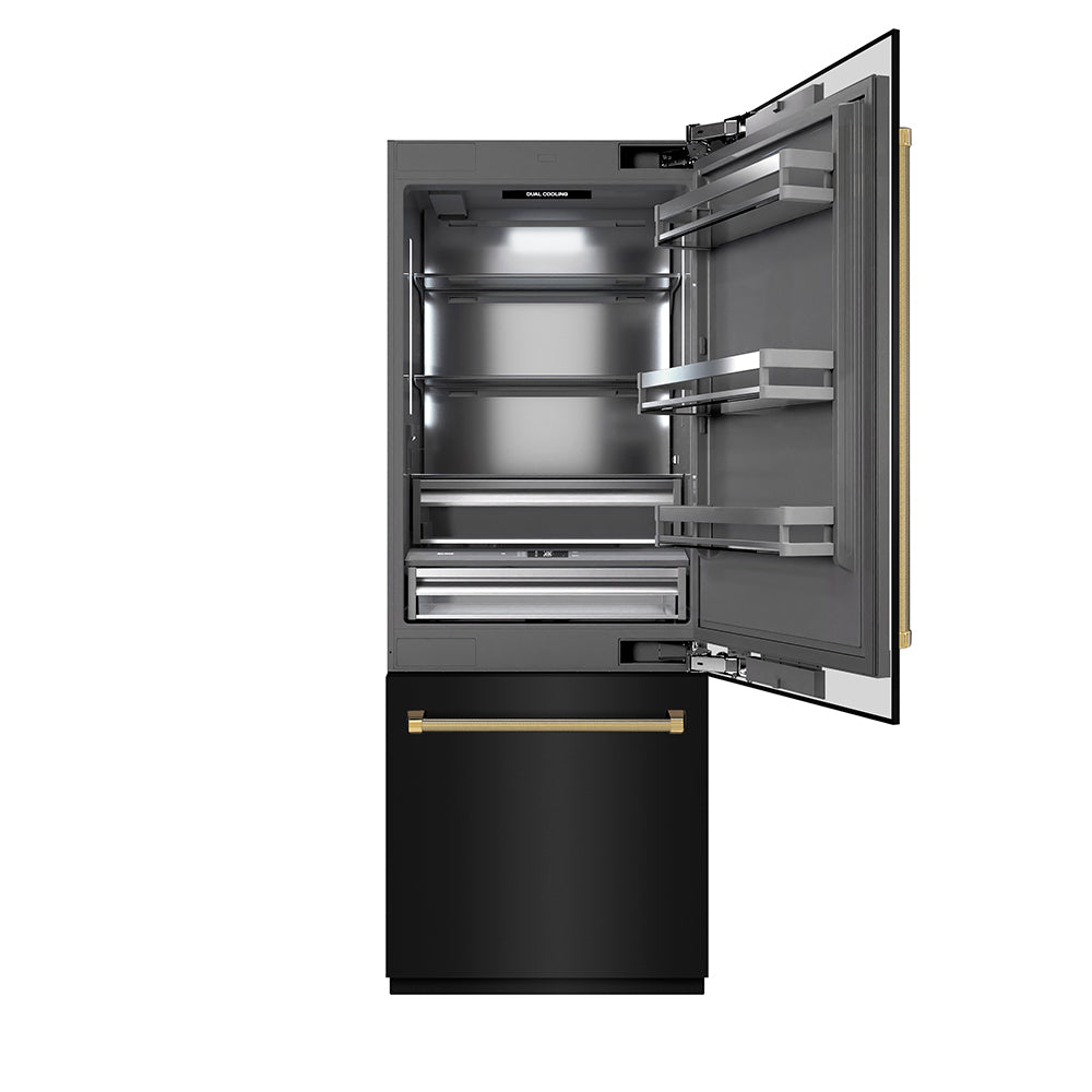 ZLINE Autograph 30 in. Black Steel Built-In Refrigerator W/ Gray Interior And Gold Helix Handles - View 5 | Fridge.com