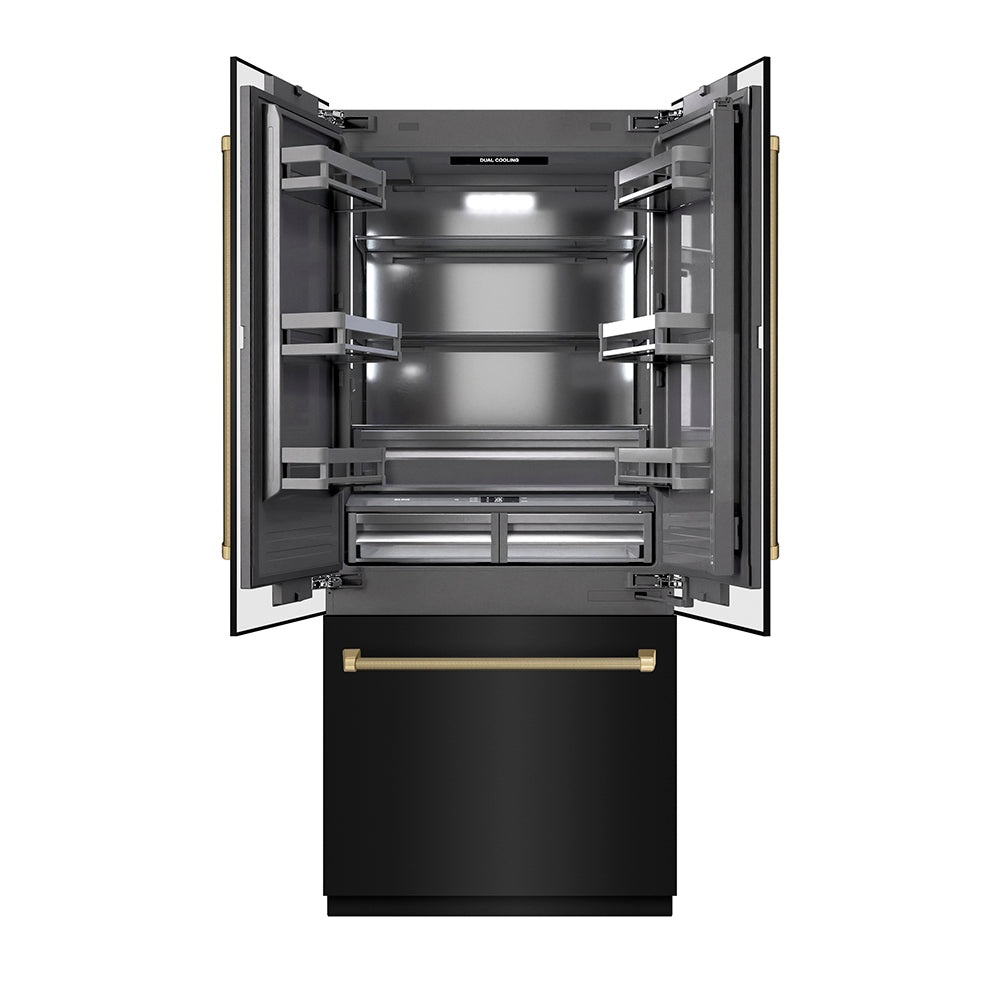 ZLINE Autograph 36 in. Black Steel French Door Refrigerator W/ Gray Interior & Bronze Helix Handles - View 2 | Fridge.com