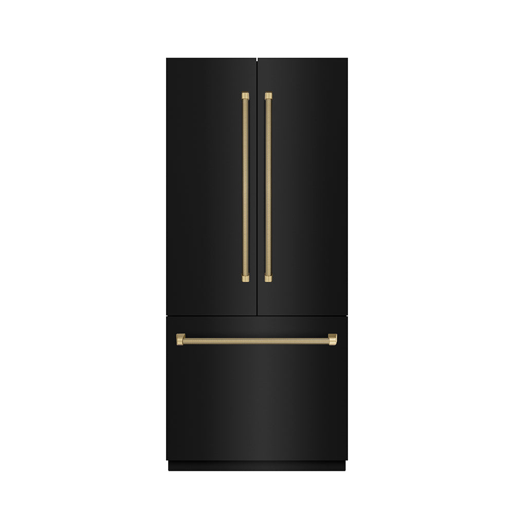 ZLINE Autograph 36 in. Black Steel French Door Refrigerator W/ Gray Interior & Bronze Helix Handles - View 4 | Fridge.com