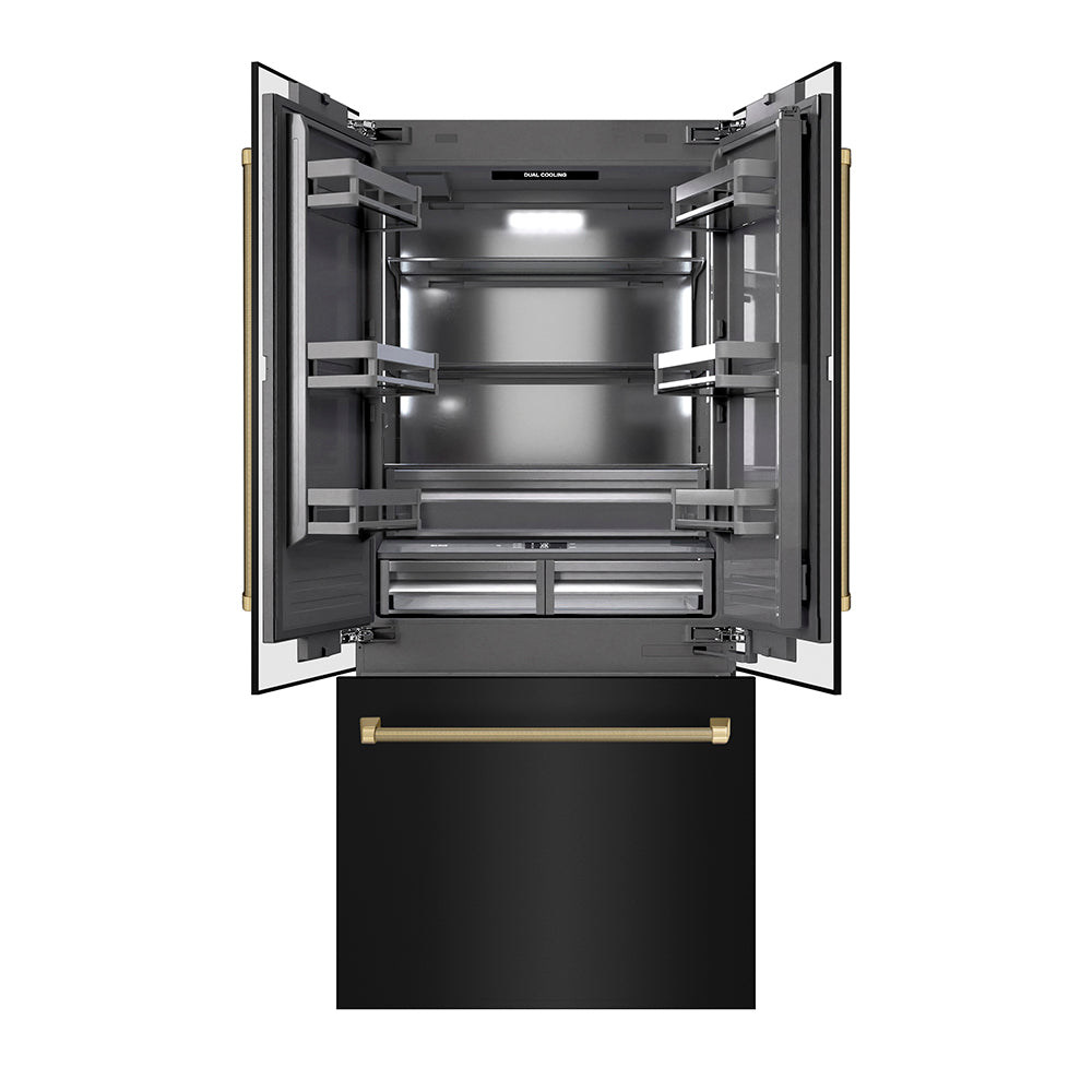 ZLINE Autograph 36 in. Black Steel French Door Refrigerator W/ Gray Interior & Bronze Helix Handles - View 5 | Fridge.com