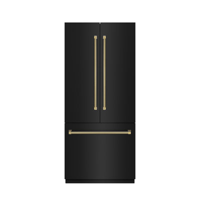 ZLINE Autograph 36 in. Black Steel French Door Refrigerator w/ Gray Interior & Gold Helix Handles | Fridge.com