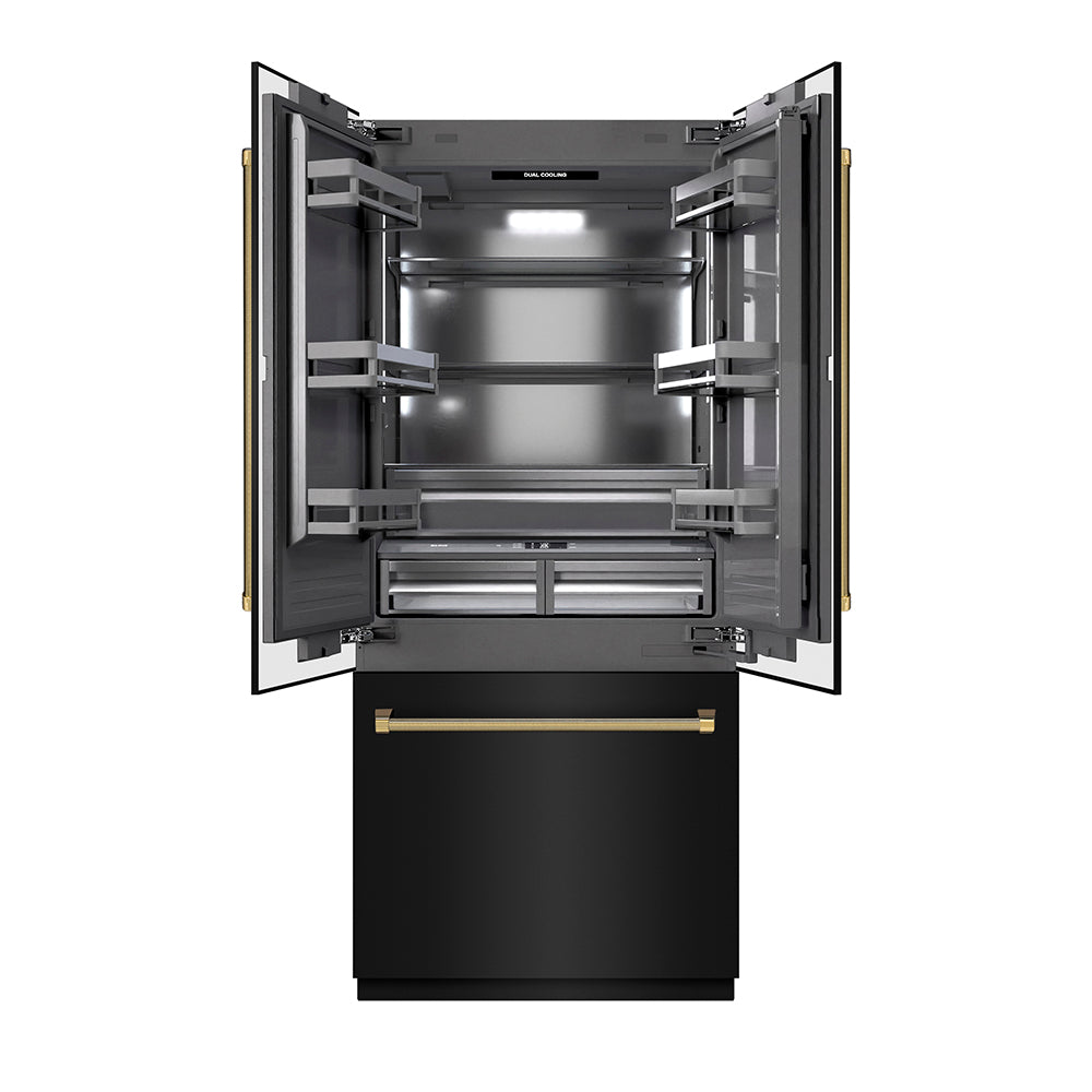 ZLINE Autograph 36 in. Black Steel French Door Refrigerator W/ Gray Interior & Gold Helix Handles - View 2 | Fridge.com