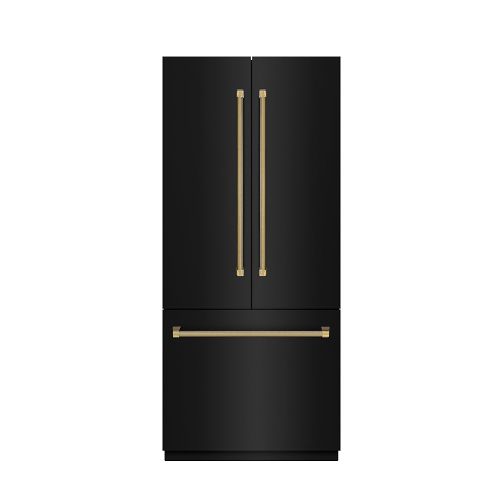 ZLINE Autograph 36 in. Black Steel French Door Refrigerator W/ Gray Interior & Gold Helix Handles - View 4 | Fridge.com