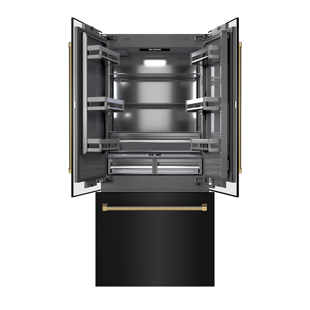 ZLINE Autograph 36 in. Black Steel French Door Refrigerator W/ Gray Interior & Gold Helix Handles - View 5 | Fridge.com