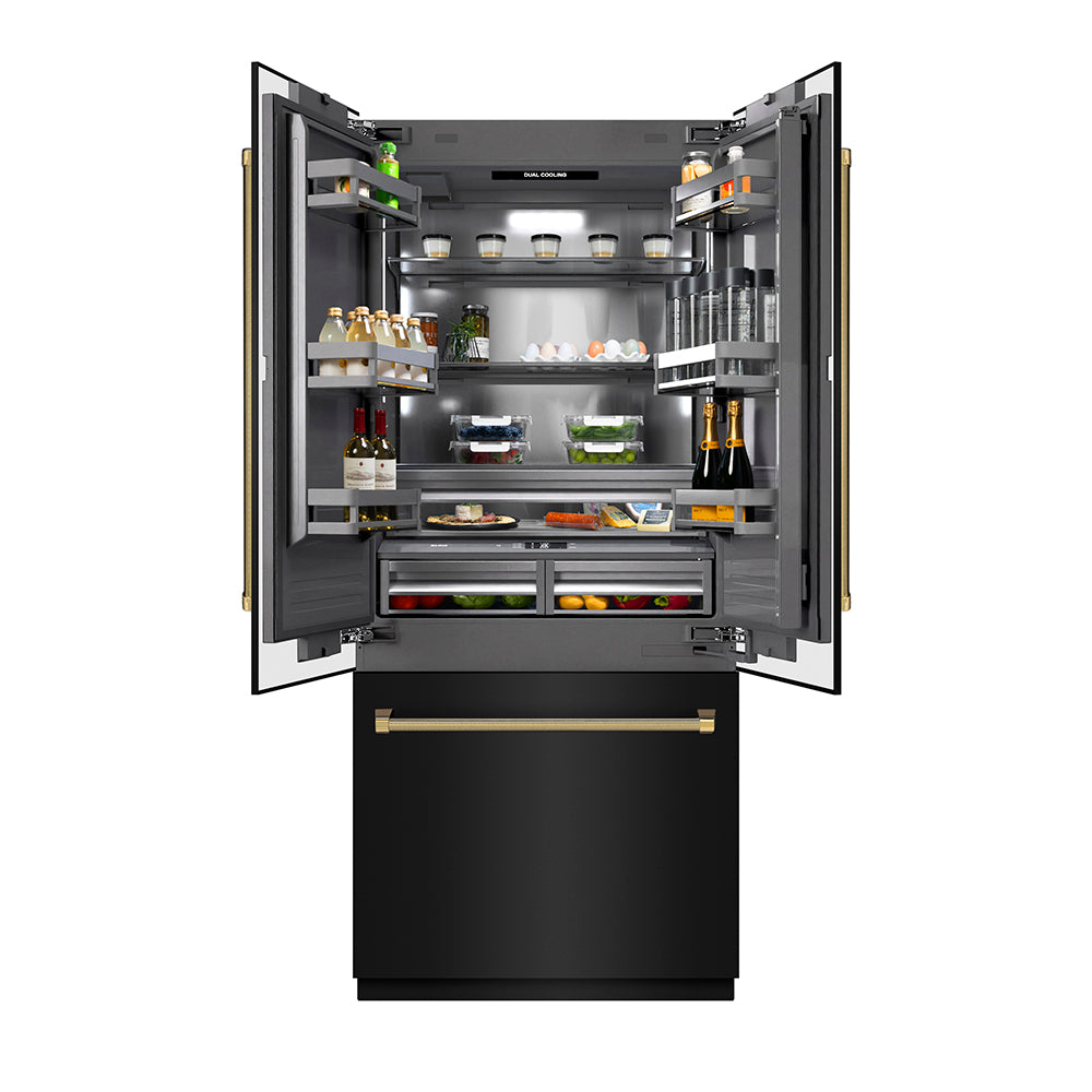 ZLINE Autograph 36 in. Black Steel French Door Refrigerator W/ Gray Interior & Gold Helix Handles - View 6 | Fridge.com