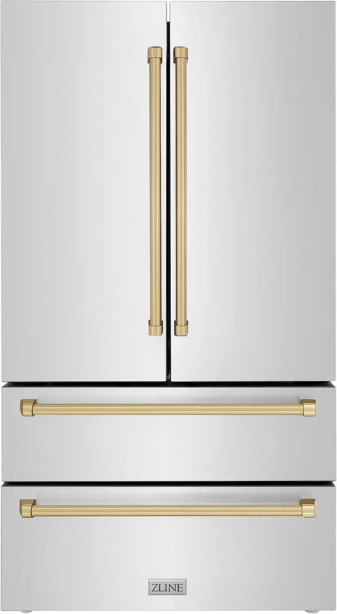 ZLINE Autograph Edition 36 in. 22.5 cu. ft. Counter-Depth French Door Refrigerator with Ice Maker in Fingerprint-Resistant Stainless Steel with Champagne Bronze Traditional Handles (RFMZ-36-CB) | Fridge.com