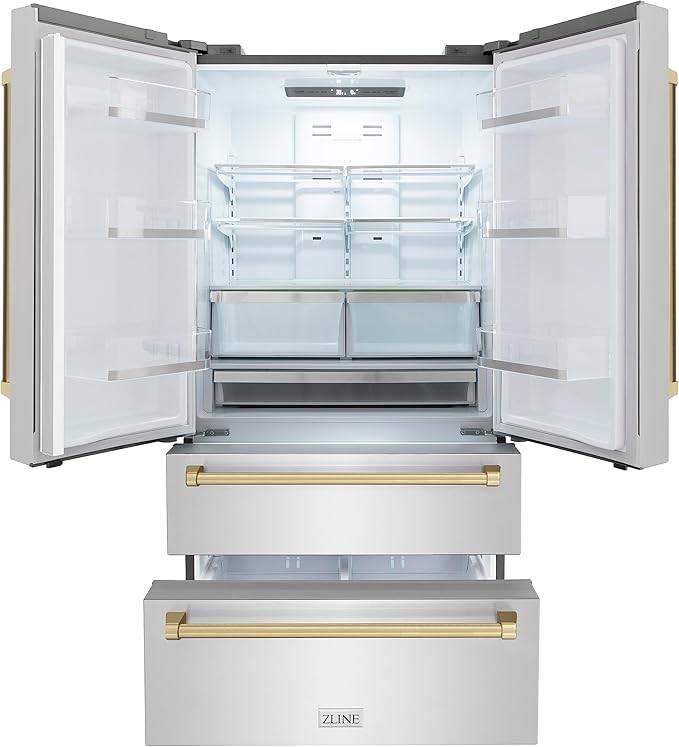 ZLINE Autograph Edition 36 in. 22.5 cu. ft. Counter-Depth French Door Refrigerator With Ice Maker In Fingerprint-Resistant Stainless Steel With Champagne Bronze Traditional Handles (Rfmz-36-Cb) - View 2 | Fridge.com