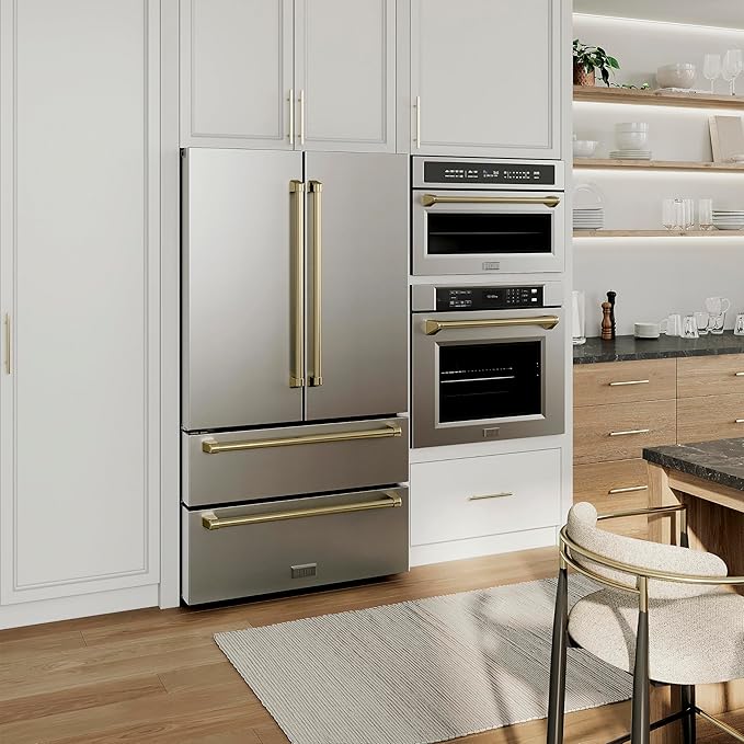 ZLINE Autograph Edition 36 in. 22.5 cu. ft. Counter-Depth French Door Refrigerator With Ice Maker In Fingerprint-Resistant Stainless Steel With Champagne Bronze Traditional Handles (Rfmz-36-Cb) - View 6 | Fridge.com