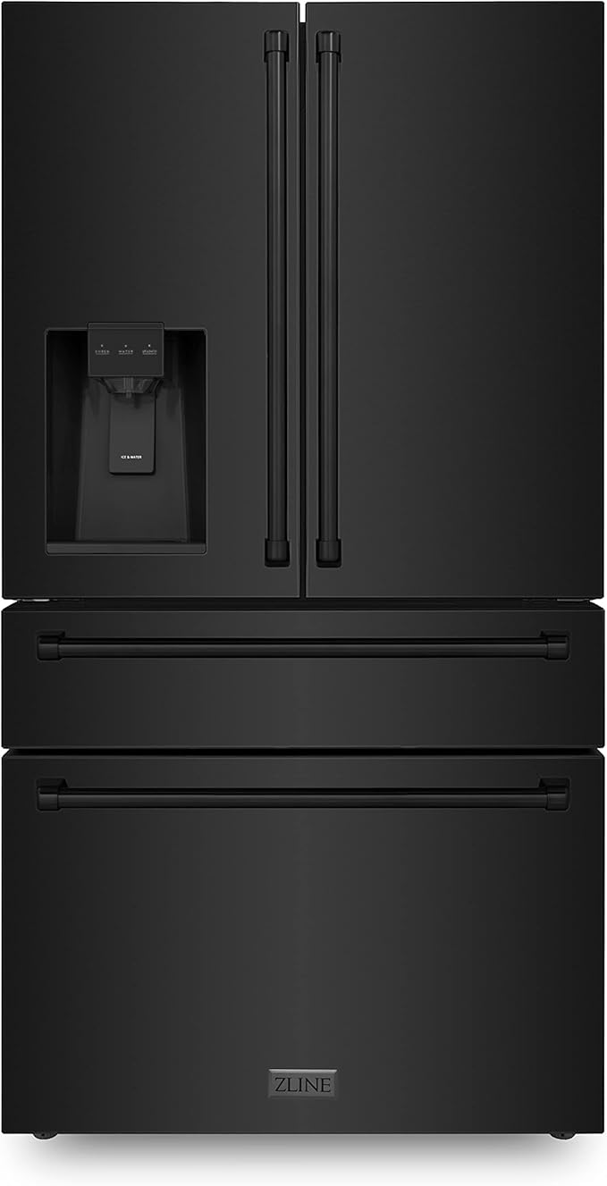 ZLINE 36 in. 21.6 cu. ft. Counter-Depth French Door Refrigerator with Water and Ice Dispenser in Fingerprint-Resistant Black Stainless Steel (RFM-W-36-BS) | Fridge.com