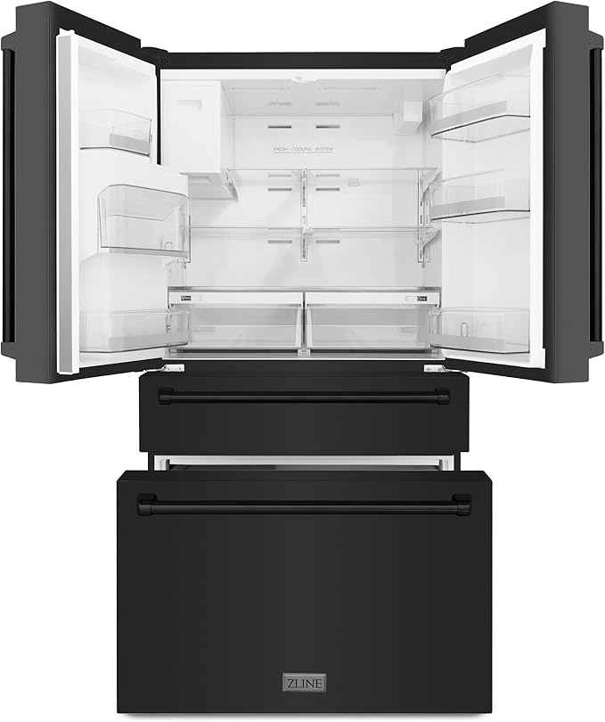 ZLINE 36 in. 21.6 cu. ft. Counter-Depth French Door Refrigerator with Water and Ice Dispenser in Fingerprint-Resistant Black Stainless Steel (RFM-W-36-BS) | Fridge.com