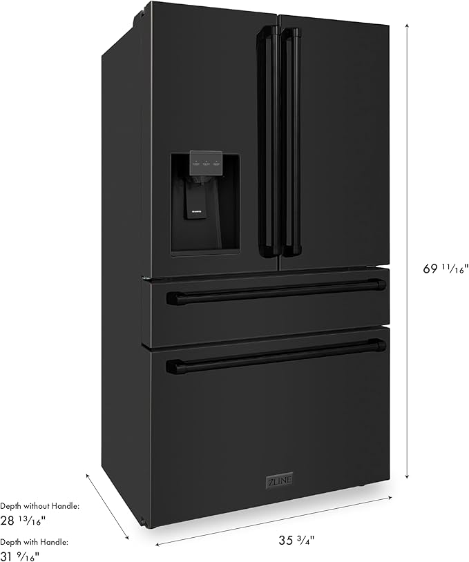 ZLINE 36 in. 21.6 cu. ft. Counter-Depth French Door Refrigerator with Water and Ice Dispenser in Fingerprint-Resistant Black Stainless Steel (RFM-W-36-BS) | Fridge.com