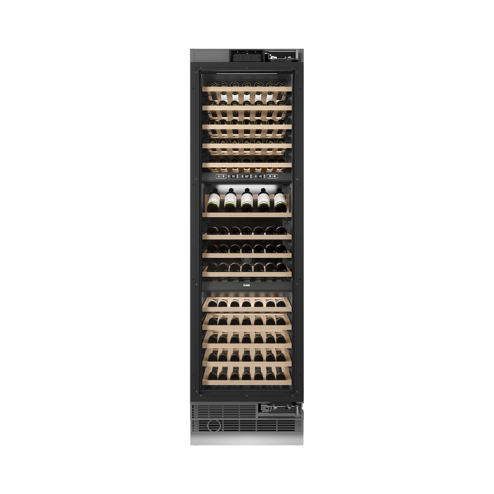 ZLINE 24 in. 12.4 cu. ft. Triple Zone 100 Bottle Column Wine Cooler Accents - View 3 | Fridge.com