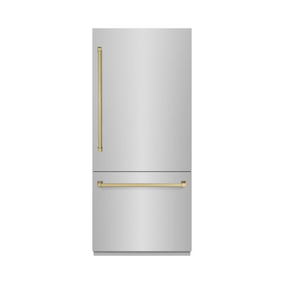 ZLINE Autograph Edition 36 in. 19.8 cu. ft. Built-In Bottom Freezer Refrigerator with Water Dispenser and Ice Maker in Stainless Steel with Accents | Fridge.com