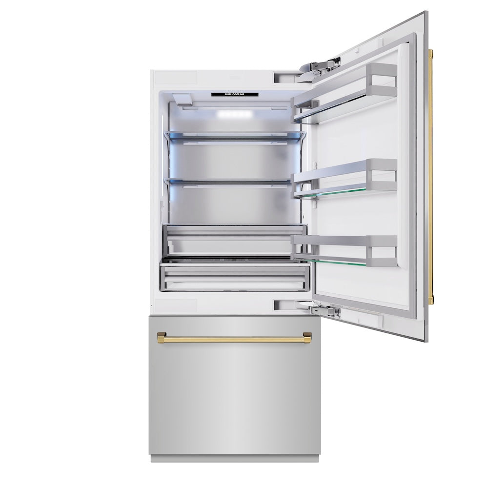 ZLINE Autograph Edition 36 in. 19.8 cu. ft. Built-In Bottom Freezer Refrigerator With Water Dispenser And Ice Maker In Stainless Steel With Accents - View 5 | Fridge.com