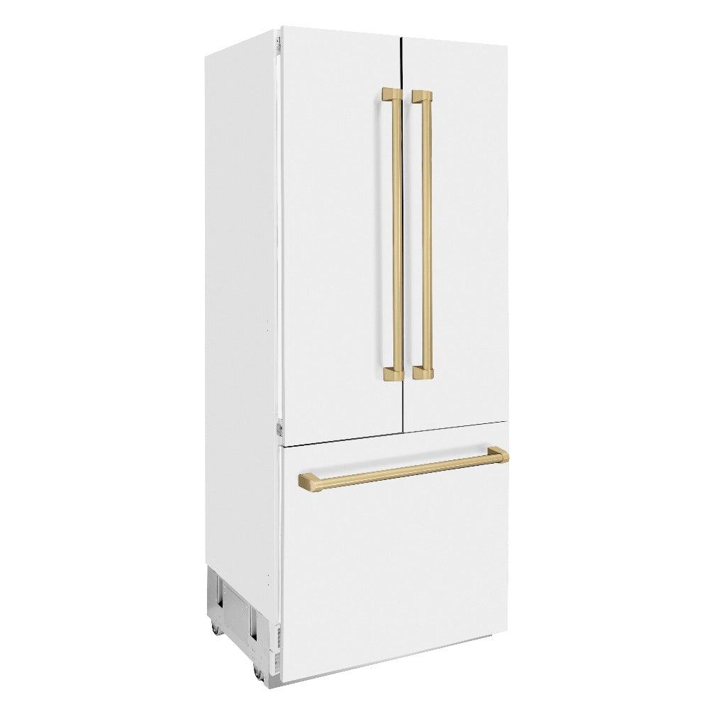 ZLINE Autograph Edition 36 in. 19.6 cu. ft. French Door Built-In Bottom Freezer Refrigerator With Water Dispenser And Ice Maker In White Matte - View 3 | Fridge.com