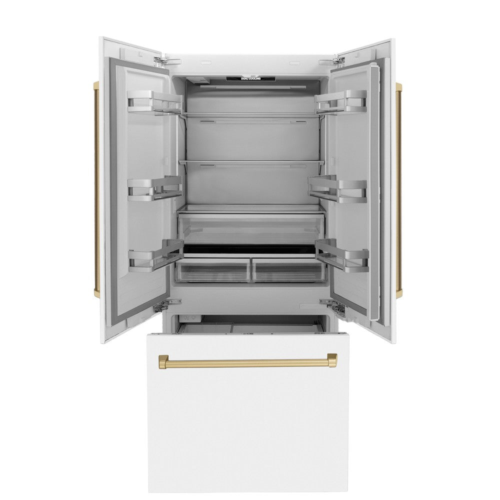 ZLINE Autograph Edition 36 in. 19.6 cu. ft. French Door Built-In Bottom Freezer Refrigerator With Water Dispenser And Ice Maker In White Matte - View 4 | Fridge.com