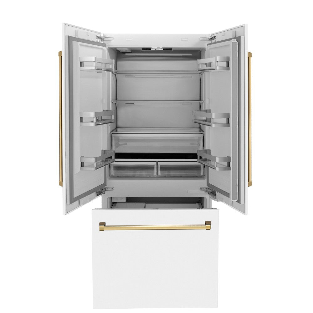 ZLINE Autograph Edition 36 in. 19.6 cu. ft. French Door Built-In Bottom Freezer Refrigerator With Water Dispenser And Ice Maker In White Matte - View 4 | Fridge.com