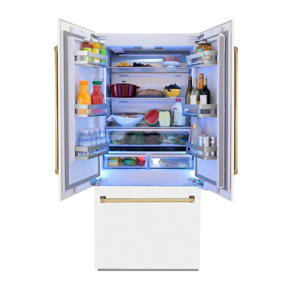 ZLINE Autograph Edition 36 in. 19.6 cu. ft. French Door Built-In Bottom Freezer Refrigerator With Water Dispenser And Ice Maker In White Matte - View 5 | Fridge.com