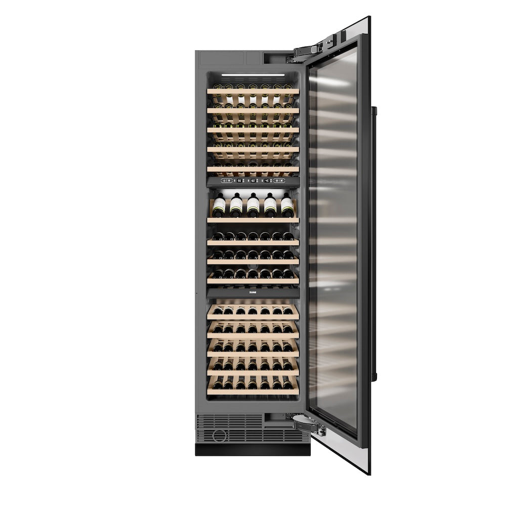ZLINE Autograph 24 in. 12.4 cu. ft. Triple Zone 100 Bottle Column Wine Cooler In Stainless Steel Accents - View 5 | Fridge.com