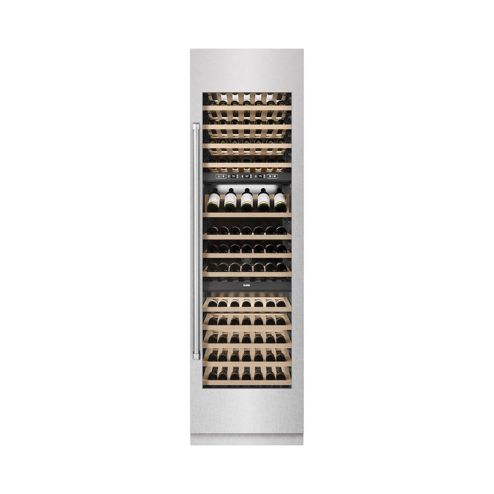 ZLINE 24 in. 12.4 cu. ft. Triple Zone 100 Bottle Column Wine Cooler Accents - View 4 | Fridge.com