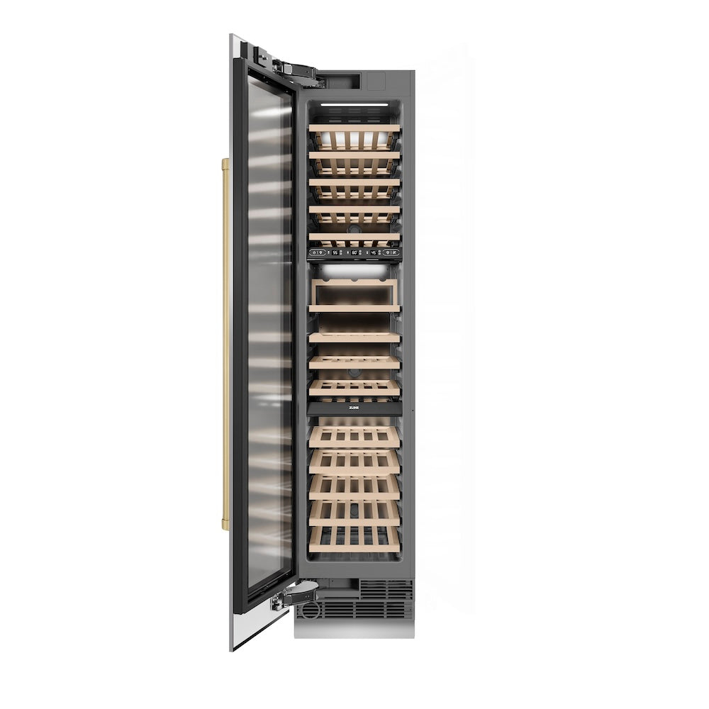 ZLINE Autograph 18 in. 9.0 cu. ft. Triple Zone 68 Bottle Hinge Column Wine Cooler In Stainless Steel With Accents - View 3 | Fridge.com