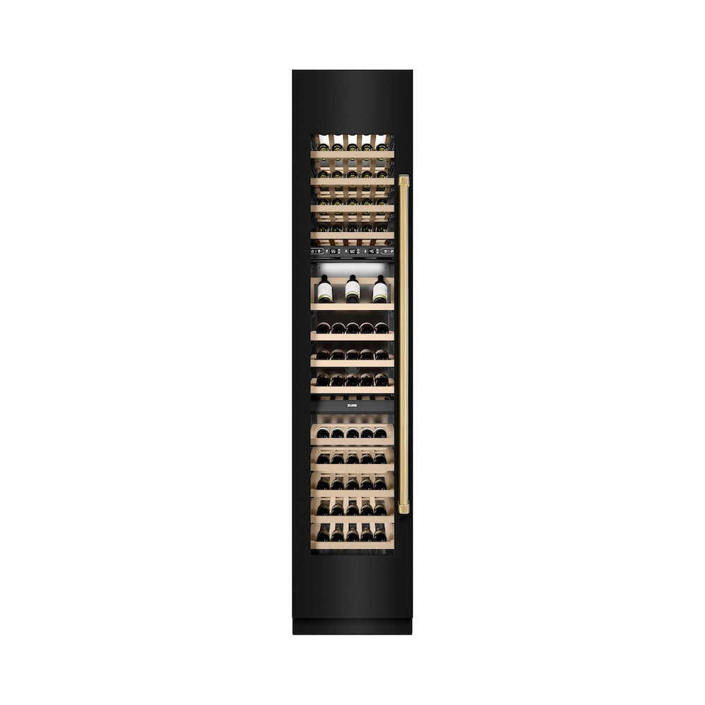 ZLINE Autograph 18 in. 9.0 cu. ft. Triple Zone 68 Bottle Hinge Column Wine Cooler In Black Stainless Steel With Accents - View 5 | Fridge.com