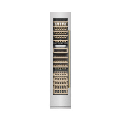 ZLINE Autograph Edition 18 in. 9.0 cu. ft. Triple Zone 68 Bottle Hinge Column Wine Cooler in Satin Stainless Steel with Accents — FIN-0018347 | Fridge.com