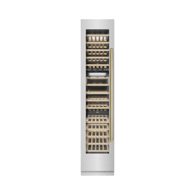ZLINE Autograph Edition 18 in. 9.0 cu. ft. Triple Zone 68 Bottle Hinge Column Wine Cooler in Satin Stainless Steel with Accents | Fridge.com