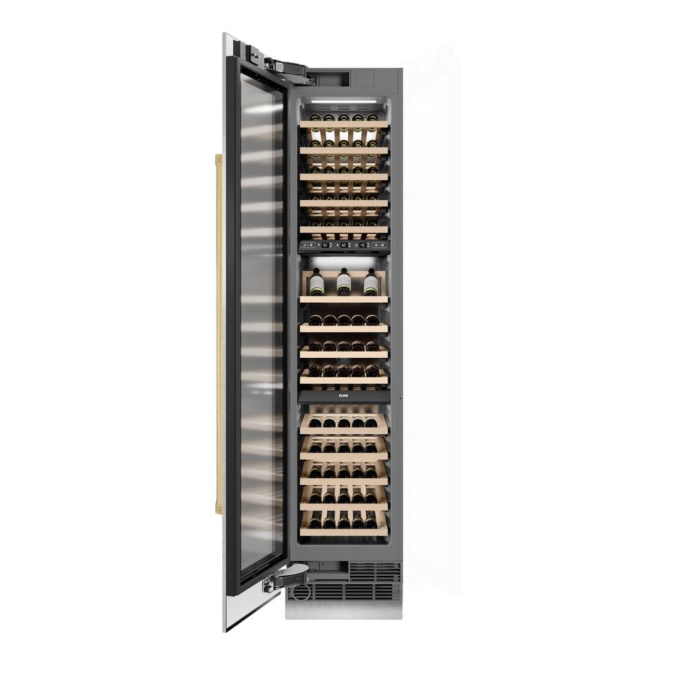 ZLINE Autograph Edition 18 in. 9.0 cu. ft. Triple Zone 68 Bottle Hinge Column Wine Cooler In Satin Stainless Steel With Accents - View 6 | Fridge.com